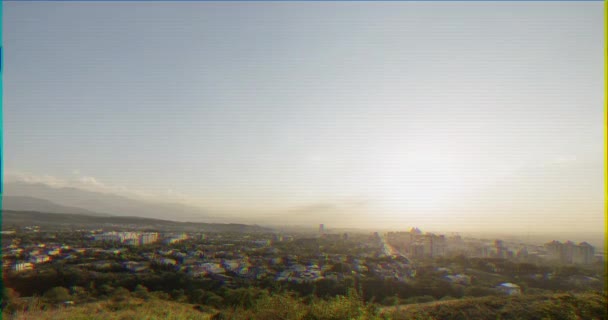 Glitch Effekt Sonnenuntergang Über Almaty Blick Aus Dem Fenster Kasachstan — Stockvideo