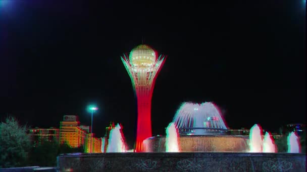 阿斯塔纳 哈萨克斯坦 2016年9月3日 拜特雷克 新阿斯塔纳的中心景点 在夜光的照射下 苏尔坦 格利奇效果 — 图库视频影像