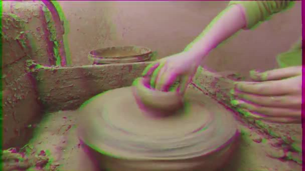 Glitch Effect Potter Wheel Women Hands Trying Make Pot Video — Stock Video