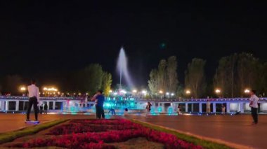 Aksaklık etkisi. Almat, Kazakistan - 29 Ağustos 2016: Birinci Cumhurbaşkanı'nın parkının giriş grubu. Gece. Video. Ultrahd (4k))