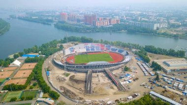 Rusya, Krasnoyarsk - 23 Temmuz 2018: Spor tesisi. Sonra Lenin Komsomol, üzerinden Dron adlı Merkezi Stadyumu 