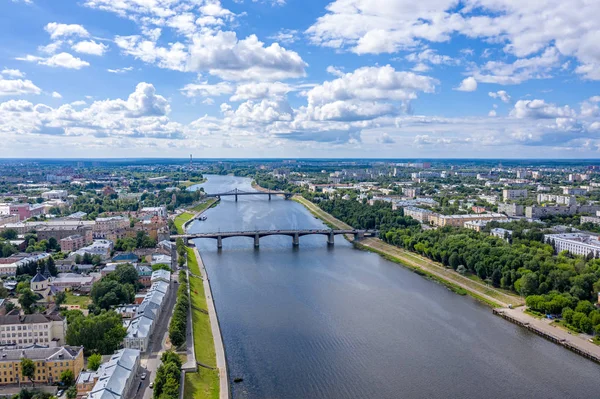 Rusko, tvere. Řeka Volga. Panorama ze vzduchu. Starovolžskij — Stock fotografie