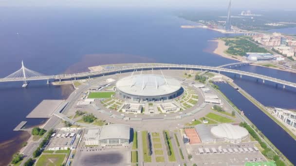 Saint-Petersburg, Russia. Gazprom Arena. Western High Speed Diameter, Lakhta Center. Gazprom headquarters. 4K — Stock Video