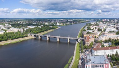 Rusya, Tver. Volga Nehri. Havadan panorama. Novovolzhsky b