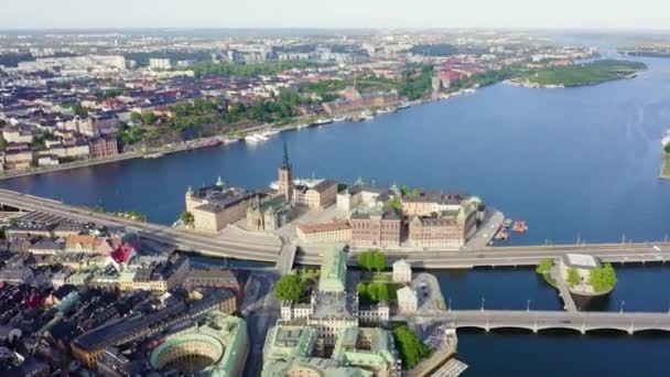 Stockholm, Sweden. Old Town - Gamla Stan. Riddarholmen. Helgeandsholmen. Aerial view. 4K — Stock Video