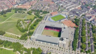 Kopenhag, Danimarka. Parken Stadyumu (Telia Parken) Kopenhag 'da bulunan bir stadyum. Maç ların yapılacağı yer 2020 Euro. Havadan görünüm. 4k