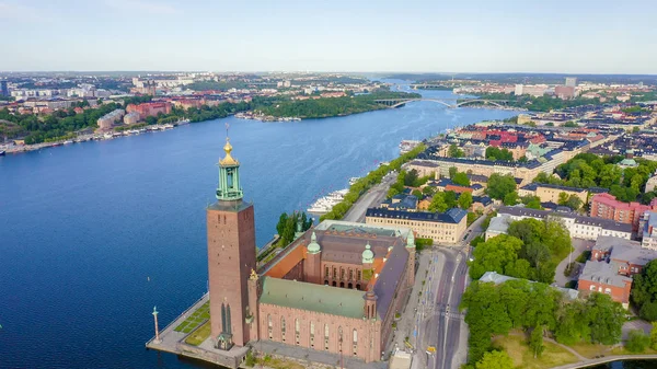 Stockholm, Sweden. Stockholm City Hall. Stockholms stadshus. Built in 1923, red brick town hall, From Drone — Stock Photo, Image