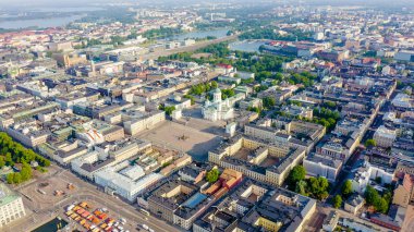 Helsinki, Finlandiya. Şehir merkezi havadan görünümü. Helsinki Katedrali. Senato meydanı. Pazar Meydanı, Drone'dan 