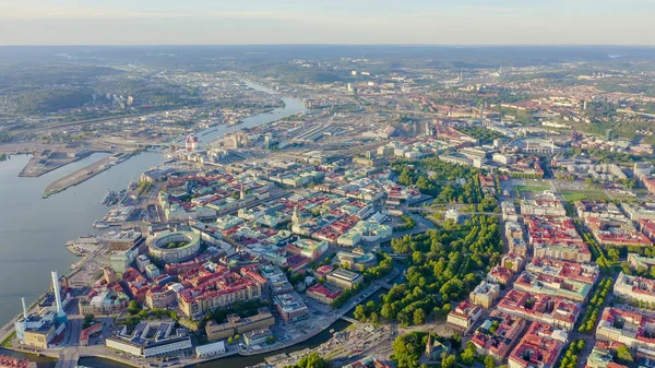 Göteborg, Sverige. Panorama av staden central del av staden. Solnedgång, från Drone — Stockfoto