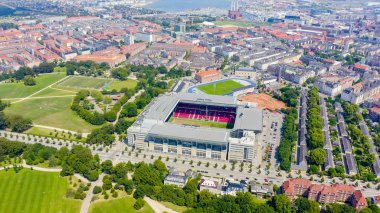 Kopenhag, Danimarka - 26 Haziran 2019: Parken Stadyumu (Telia Parken) Kopenhag ' da bulunan bir stadyum. Maç ların yapılacağı yer 2020 Euro. Havadan görünüm, Havadan Görünüm 