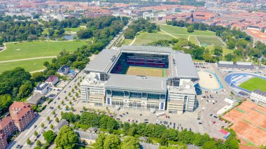 Kopenhag, Danimarka - 26 Haziran 2019: Parken Stadyumu (Telia Parken) Kopenhag ' da bulunan bir stadyum. Maç ların yapılacağı yer 2020 Euro. Havadan görünüm, Havadan Görünüm 