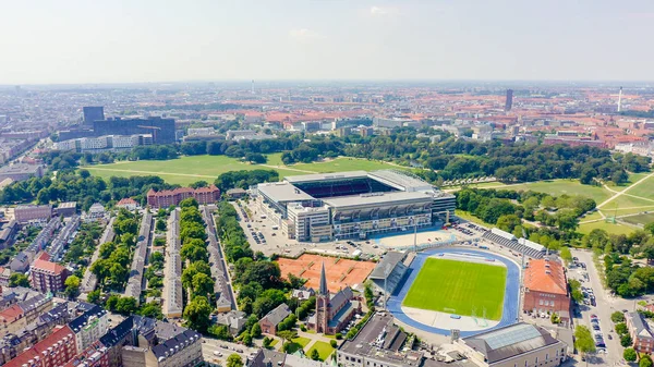 Copenhagen, Denmark - June 26, 2019: Parken Stadium (Telia Parken) is a stadium in Copenhagen. Venue of matches UEFA Euro 2020. Aerial view, Aerial View — Stock Photo, Image