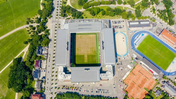 Kopenhaga, Dania-26 czerwca 2019: Stadion Parken (Telia Parken) – Stadion w Kopenhadze. Miejsce meczów UEFA Euro 2020. Widok z lotu ptaka, widok z lotu ptaka — Zdjęcie stockowe