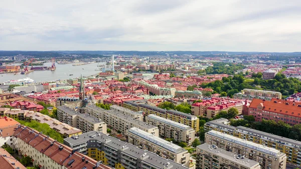 Gothenburg, Sweden. Panorama of the city and the river Goeta Elv. The historical center of the city. Cloudy weather, From Drone — Stock Photo, Image