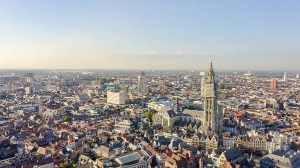 Antwerpia, Belgia. Katedra Matki Bożej w Antwerpii. (Onze-Lieve-Vrouwekathedraal Antwerpen), widok lotniczy — Zdjęcie stockowe