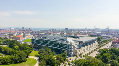 Kopenhag, Danimarka - 26 Haziran 2019: Parken Stadyumu (Telia Parken) Kopenhag ' da bulunan bir stadyum. Maç ların yapılacağı yer 2020 Euro. Havadan görünüm, Havadan Görünüm 