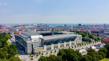Kopenhag, Danimarka - 26 Haziran 2019: Parken Stadyumu (Telia Parken) Kopenhag ' da bulunan bir stadyum. Maç ların yapılacağı yer 2020 Euro. Havadan görünüm, Havadan Görünüm 