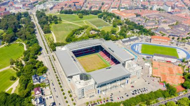 Kopenhag, Danimarka - 26 Haziran 2019: Parken Stadyumu (Telia Parken) Kopenhag ' da bulunan bir stadyum. Maç ların yapılacağı yer 2020 Euro. Havadan görünüm, Havadan Görünüm 