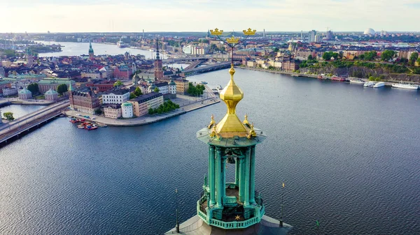 Stockholm, Sweden. Stockholm City Hall. Stockholms stadshus. Built in 1923, red brick town hall, From Drone — Stock Photo, Image