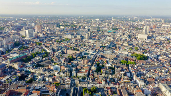 Antwerp, Belgium. Flying over the rooftops of the historic city, Aerial View