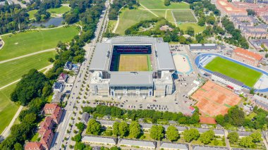 Kopenhag, Danimarka - 26 Haziran 2019: Parken Stadyumu (Telia Parken) Kopenhag ' da bulunan bir stadyum. Maç ların yapılacağı yer 2020 Euro. Havadan görünüm, Havadan Görünüm 