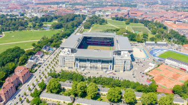 Kopenhag, Danimarka - 26 Haziran 2019: Parken Stadyumu (Telia Parken) Kopenhag ' da bulunan bir stadyum. Maç ların yapılacağı yer 2020 Euro. Havadan görünüm, Havadan Görünüm 