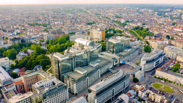 Brussels, Belgium - July 3, 2019: The complex of buildings of the European Parliament. State institution, Aerial View