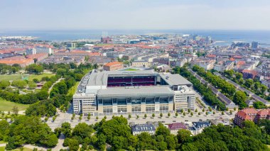 Kopenhag, Danimarka - 26 Haziran 2019: Parken Stadyumu (Telia Parken) Kopenhag ' da bulunan bir stadyum. Maç ların yapılacağı yer 2020 Euro. Havadan görünüm, Havadan Görünüm 