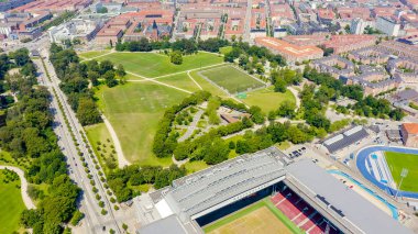 Kopenhag, Danimarka - 26 Haziran 2019: Parken Stadyumu (Telia Parken) Kopenhag ' da bulunan bir stadyum. Maç ların yapılacağı yer 2020 Euro. Havadan görünüm, Havadan Görünüm 