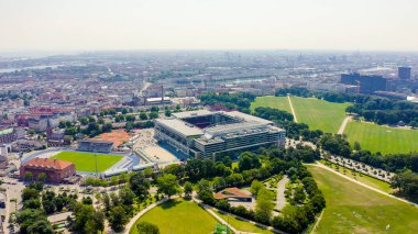 Kopenhag, Danimarka - 26 Haziran 2019: Parken Stadyumu (Telia Parken) Kopenhag ' da bulunan bir stadyum. Maç ların yapılacağı yer 2020 Euro. Havadan görünüm, Havadan Görünüm 