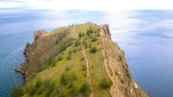 Mys Khoboy (Capo Khoboy). Russia, lago Baikal, isola di Olkhon. Il punto più settentrionale dell'isola di Olkhon, Da Drone — Foto Stock