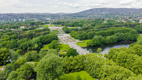 Oslo, Norway. Vigeland Sculpture Park. Vigelandsparken. Frogner park, From Drone