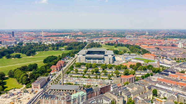 Copenhagen, Denmark - June 26, 2019: Parken Stadium (Telia Parken) is a stadium in Copenhagen. Venue of matches UEFA Euro 2020. Aerial view, Aerial View — Stock Photo, Image