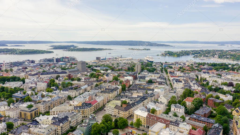 Oslo, Norway. View of the city and Oslo Fjord, From Drone 