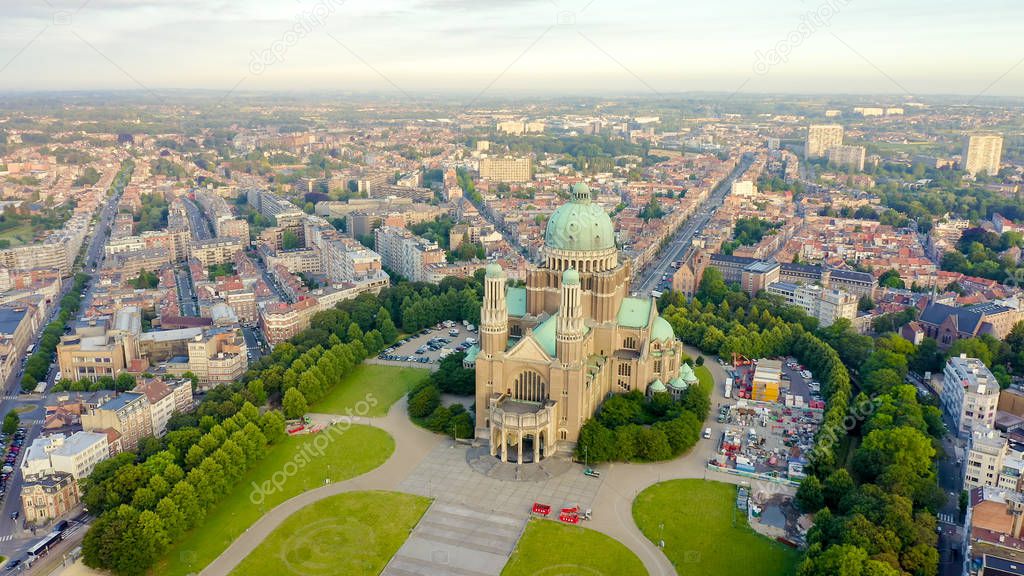 Brussels, Belgium. National Basilica of the Sacred Heart. Early morning, Aerial View 