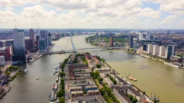 Rotterdam, Nizozemsko. Norderayland Island (Severní ostrov) a Erasmus Bridge (Erasmusbrug) přes řeku Nieuwe Maas, letecký pohled — Stock fotografie