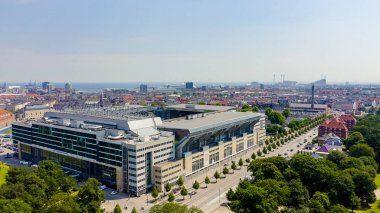 Kopenhag, Danimarka - 26 Haziran 2019: Parken Stadyumu (Telia Parken) Kopenhag ' da bulunan bir stadyum. Maç ların yapılacağı yer 2020 Euro. Havadan görünüm, Havadan Görünüm 