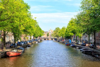 Amsterdam, Hollanda - 30 Haziran 2019: Sabah Amsterdam 'ın tarihi şehir merkezi. Sokak (kanal) Yazdırma