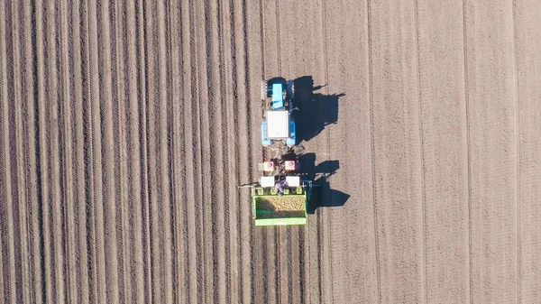 Russia Urals Planting Potatoes Field Combine Tractor Spring Aerial View — Stock Photo, Image