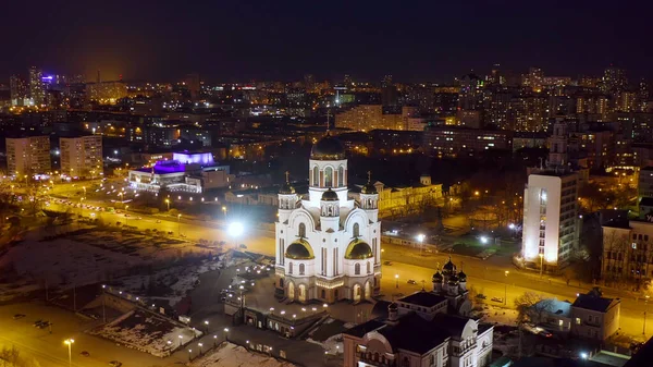 Jekaterinburg Ryssland Templet Blodet Nattstad Tidigt Våren Flygfoto — Stockfoto