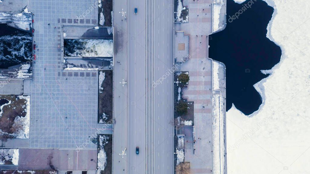 Yekaterinburg, Russia. City center. A dam with a spillway at the central pond. Lenin Street, Aerial View, HEAD OVER SHOT  