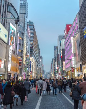 Ginza, Tokyo / Japonya - 22 Aralık 2018: gece görünümü Ginza ilçe, ilçe ünlü markanın amiral gemisi Mağazası her yerde vardır, yüksek son perakende alışveriş sunmaktadır.