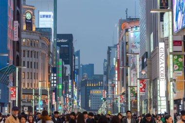 Ginza, Tokyo / Japonya - 22 Aralık 2018: gece görünümü Ginza ilçe, ilçe ünlü markanın amiral gemisi Mağazası her yerde vardır, yüksek son perakende alışveriş sunmaktadır.