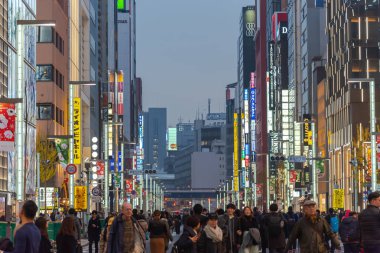 Ginza, Tokyo / Japonya - 22 Aralık 2018: gece görünümü Ginza ilçe, ilçe ünlü markanın amiral gemisi Mağazası her yerde vardır, yüksek son perakende alışveriş sunmaktadır.