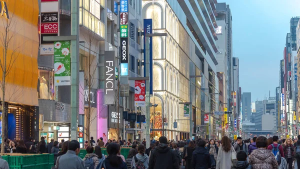 Ginza, Tokyo / Japonya - 22 Aralık 2018: gece görünümü Ginza ilçe, ilçe ünlü markanın amiral gemisi Mağazası her yerde vardır, yüksek son perakende alışveriş sunmaktadır.