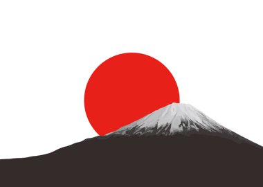 Fuji Dağı ve kırmızı yükselen güneş. Bayrak ve Japonya'nın sembolü.
