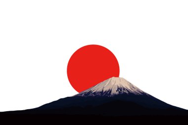 Fuji Dağı ve kırmızı yükselen güneş. Bayrak ve Japonya'nın sembolü.