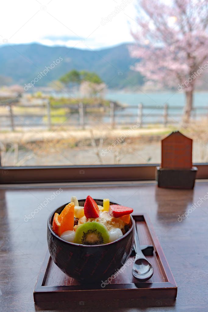 Close up shot of fruits shiratama Anmitsu, a Japanese style traditional cold dessert dessert