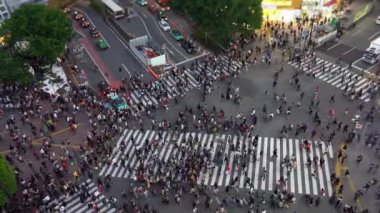 Shibuya Crossing dünyanın en işlek yaya geçitlerinden biridir. Shibuya semtinde yayalar yaya geçidine giriyor. Tokyo, Japonya