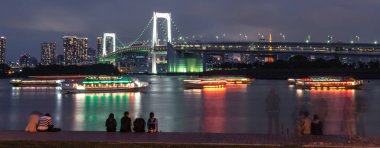 Odaiba, Tokyo Kulesi ve Tokyo Gökkuşağı Köprüsü'nün güzel gece manzarası, Japonya